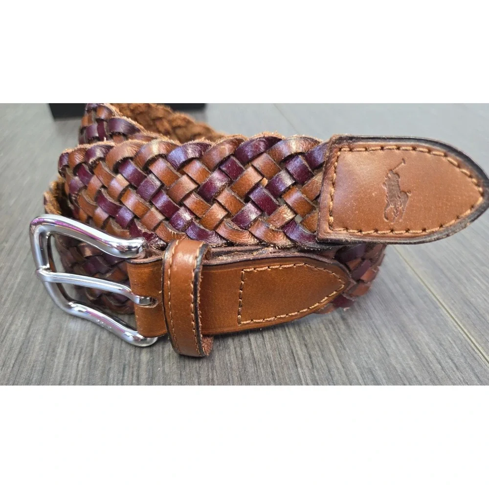 Polo Ralph Lauren Mens Braided Vachetta Leather Belt 32 Brown Silver Buckle LOGO
